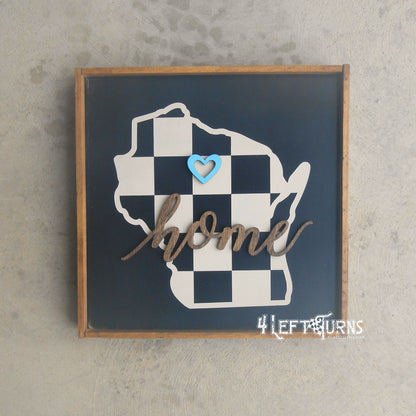 Large Checkered State Painted Wood Sign with Home and Heart