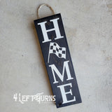 Home or Welcome with Checkered Flag Wood Sign with Rope Hanger