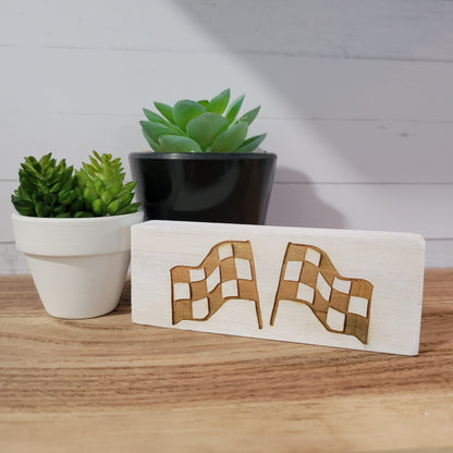 Double Checkered Flags Laser Engraved Mini Wood Sign