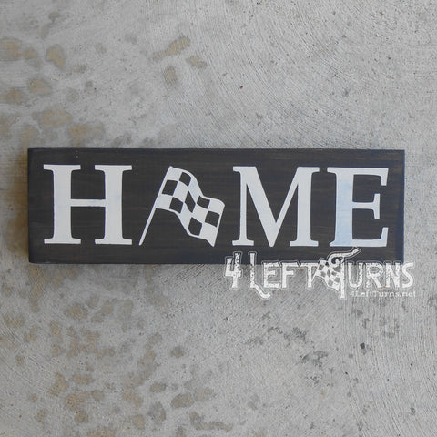 Home with Checkered Flag Small Wood Sign
