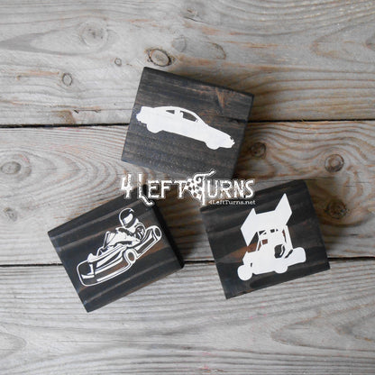 Race Car Silhouette Checkered Flag Checkered Heart Paw Print Wood Block Signs