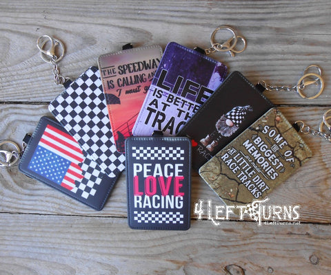 Racing themed credit card/identification holder key rings.