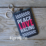 Peace Love Racing credit card/identification holder key rings.