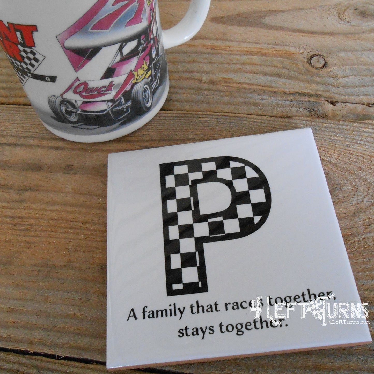 Individual Custom Initial Racing Themed Beverage Coaster with Stand