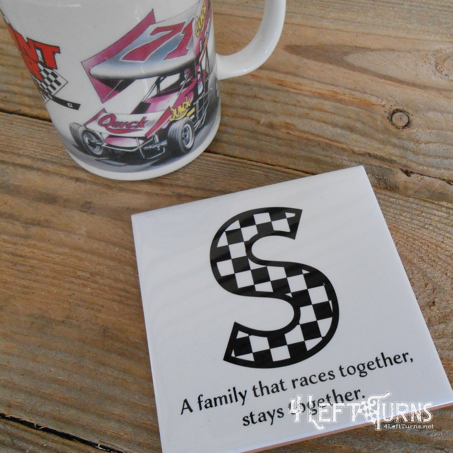 Individual Custom Initial Racing Themed Beverage Coaster with Stand