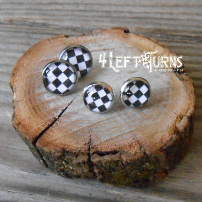 Black and white checkered pattern post style earrings in two sizes.