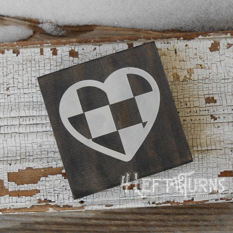 Small square wood sign with a checkered heart.