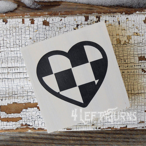 Small square wood sign with a checkered heart.