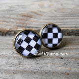Black and White Checked Checkered Pierced Earrings Gnome