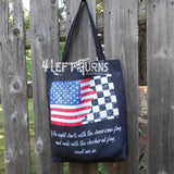 Racing themed tote bags with American flag and checkered flag design.