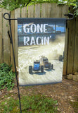 Gone racin' garden flag featuring race cars.