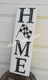 Home with Checkered Flag Wood Sign