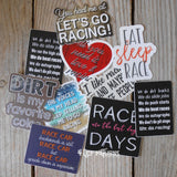 Collection of colorful racing stickers.