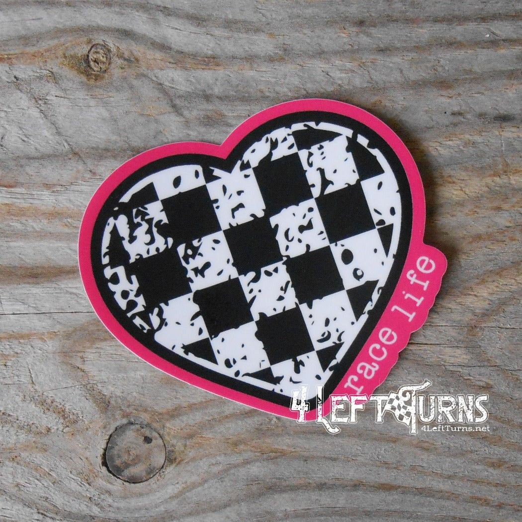 Checkered heart with pink background and the words race life sticker.