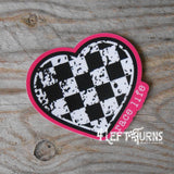 Checkered heart with pink background and the words race life sticker.