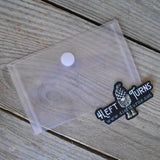 Clear plastic envelope for collecting racing stickers.