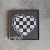 When Two Hearts Race Checkered Heart Painted Wood Sign