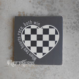 When Two Hearts Race Checkered Heart Painted Wood Sign