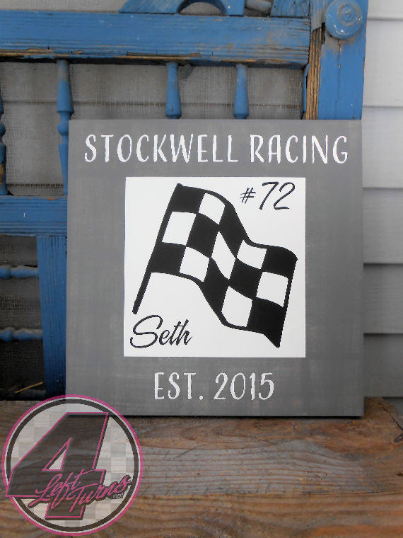 Vintage Look Personalized Race Team Established Hand Painted Wood Sign Checkered Flag - Wood Sign - 4 Left Turns - 6