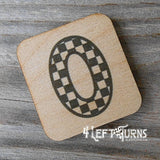 Checkered number 0 wooden magnet.