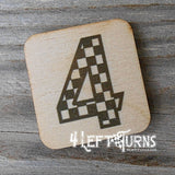 Checkered number 4 wooden magnet.