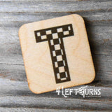 Checkered letter T wooden magnet.